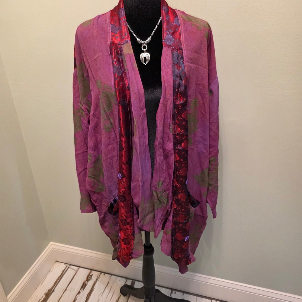 Tienda Ho Tambora Purple Red Floral Jacquard Rayon Cardigan Jacket One Size 90s